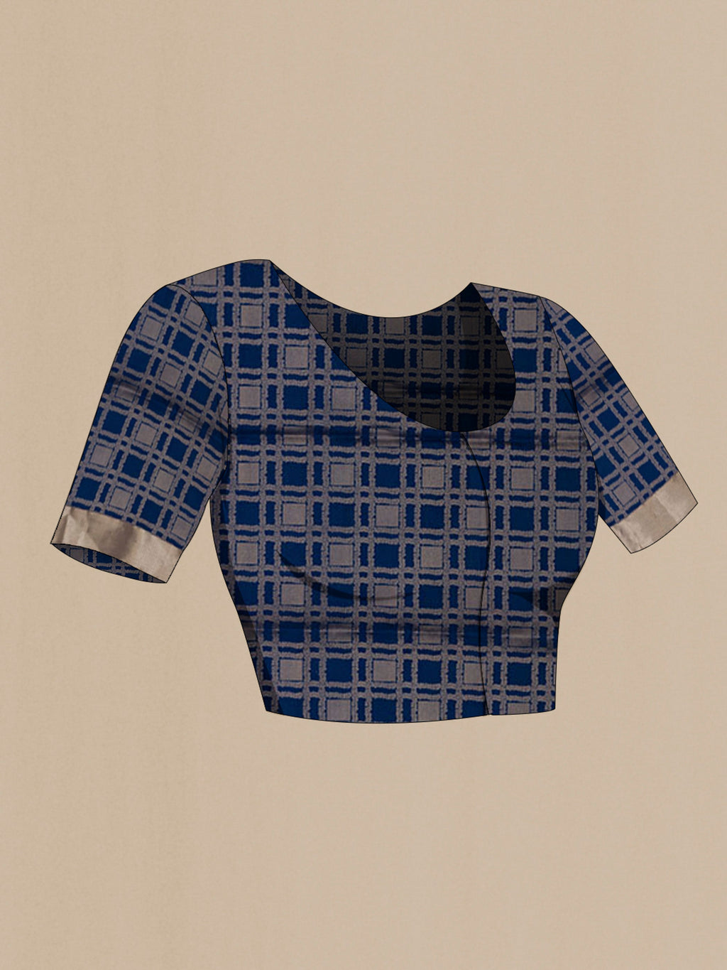 Close up image of the blouse of Blue Soft Silk Saree with Zari Butta on the body and Zari Border. 