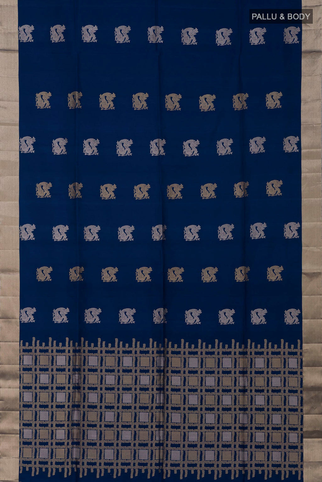 Flat view of Blue Soft Silk Saree with Zari Butta on the body and Zari Border. 
