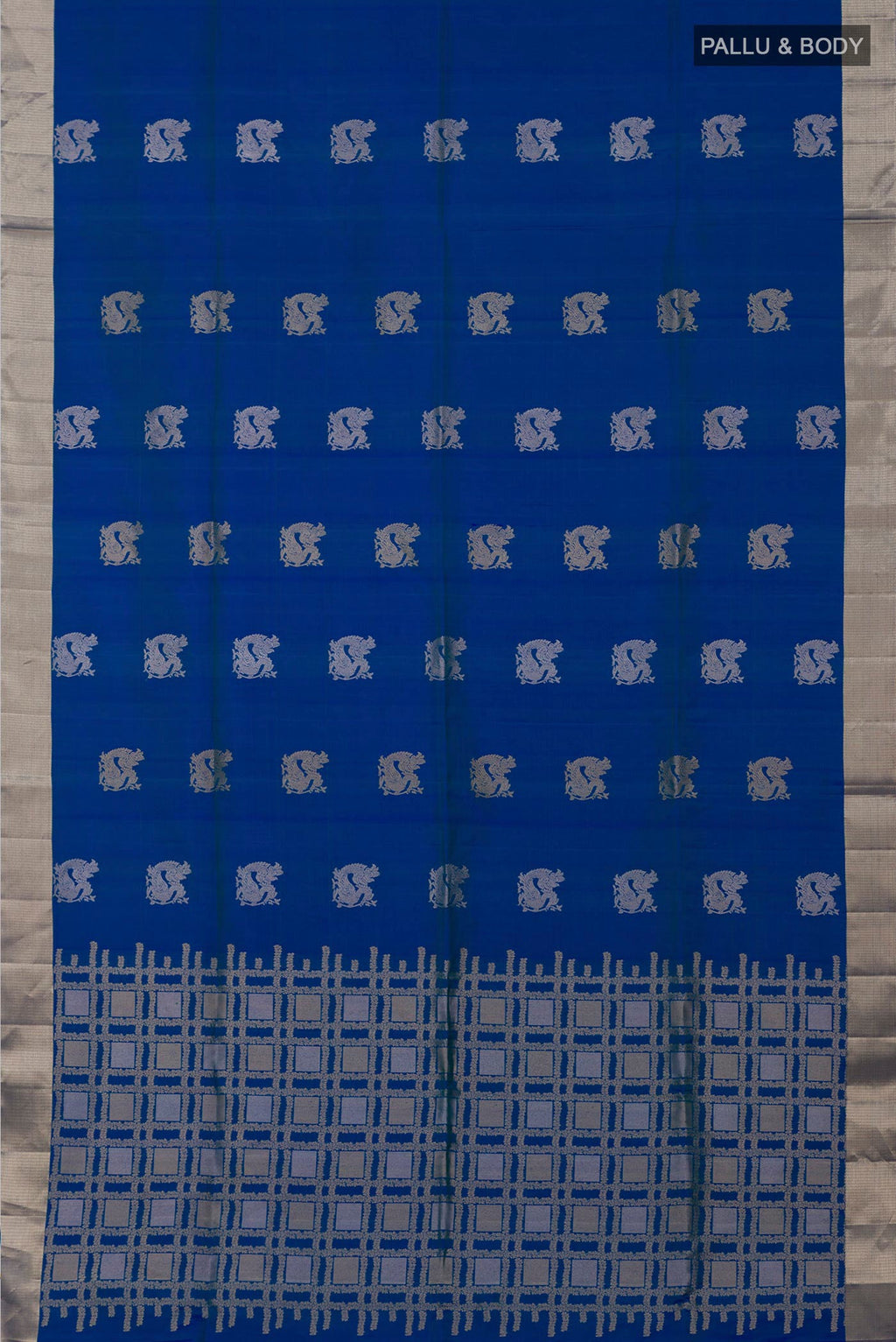 Flat view of Blue Soft Silk Saree with Zari Butta on the body and Zari Border. 