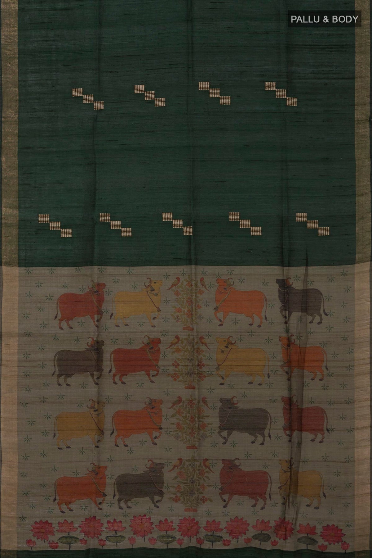 Flat view of Green Tussar Silk Saree with Thread Butta on the body and Zari Border. 