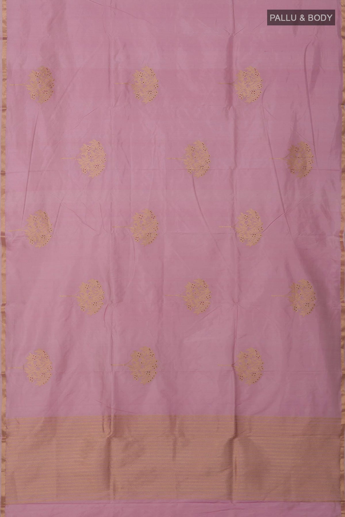 Flat view of Rose pink Banarasi Katan Silk Saree with Zari Butta on the body and Thin Zari Line. 
