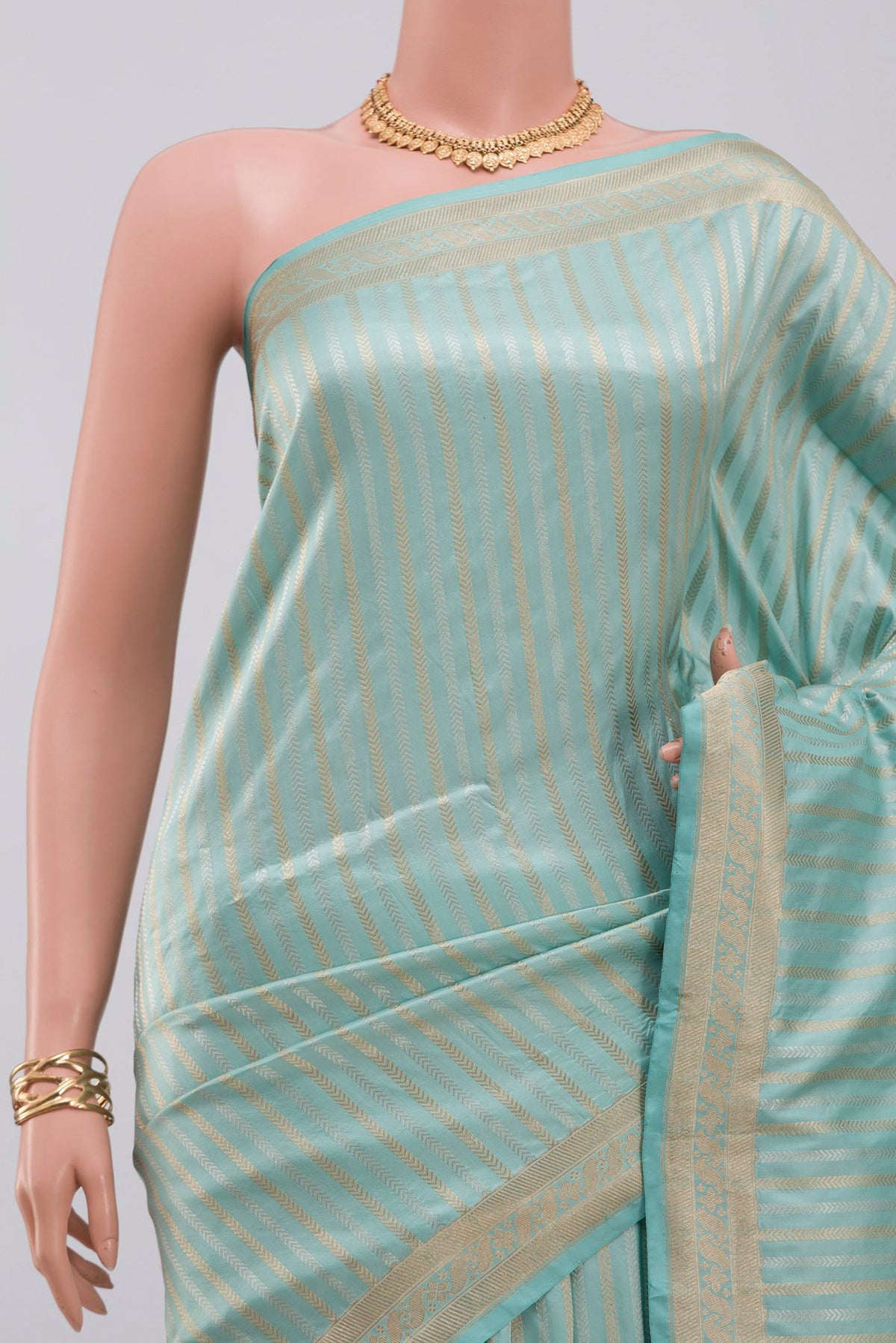 Border image of Sky Blue Banarasi Katan Silk Saree with Stripes on the body and Fancy Border. 