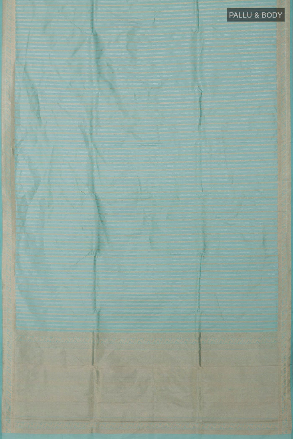 Flat view of Sky Blue Banarasi Katan Silk Saree with Stripes on the body and Fancy Border. 