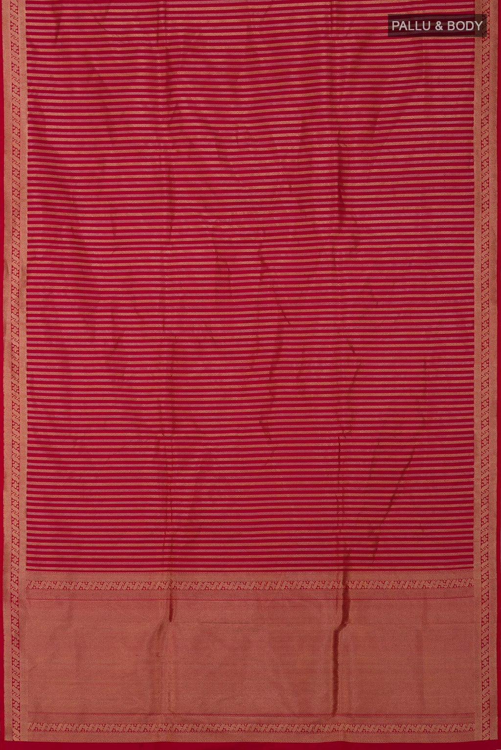 Flat view of Red Banarasi Katan Silk Saree with Stripes on the body and Fancy Border. 