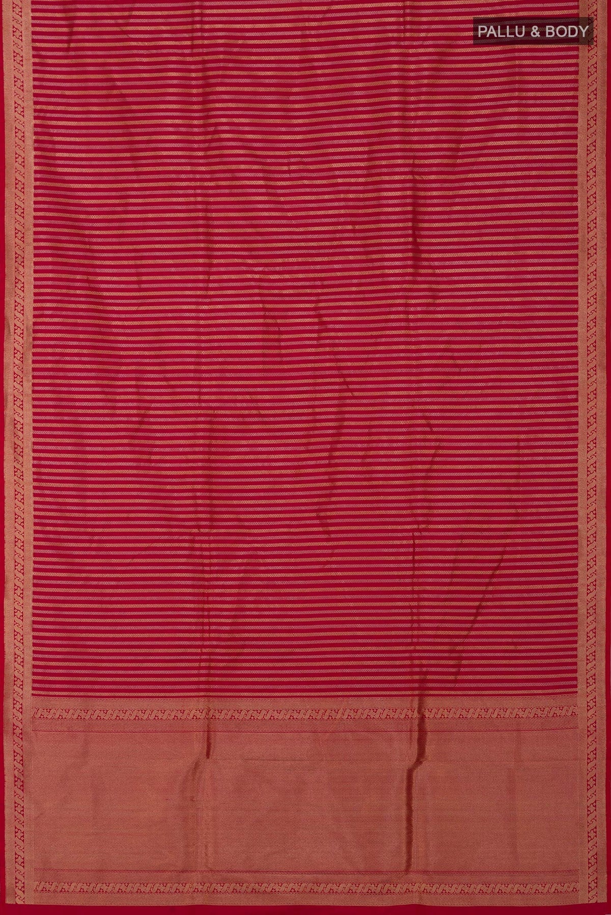 Flat view of Red Banarasi Katan Silk Saree with Stripes on the body and Fancy Border. 