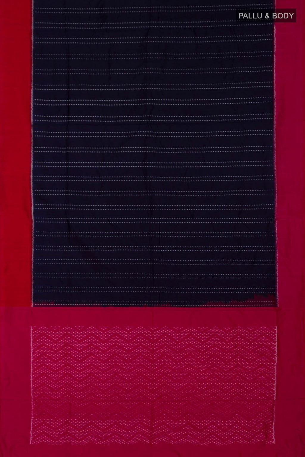 Flat view of Navy Blue Pochampally Silk Saree with Ikat design on the body and Plain Border. 