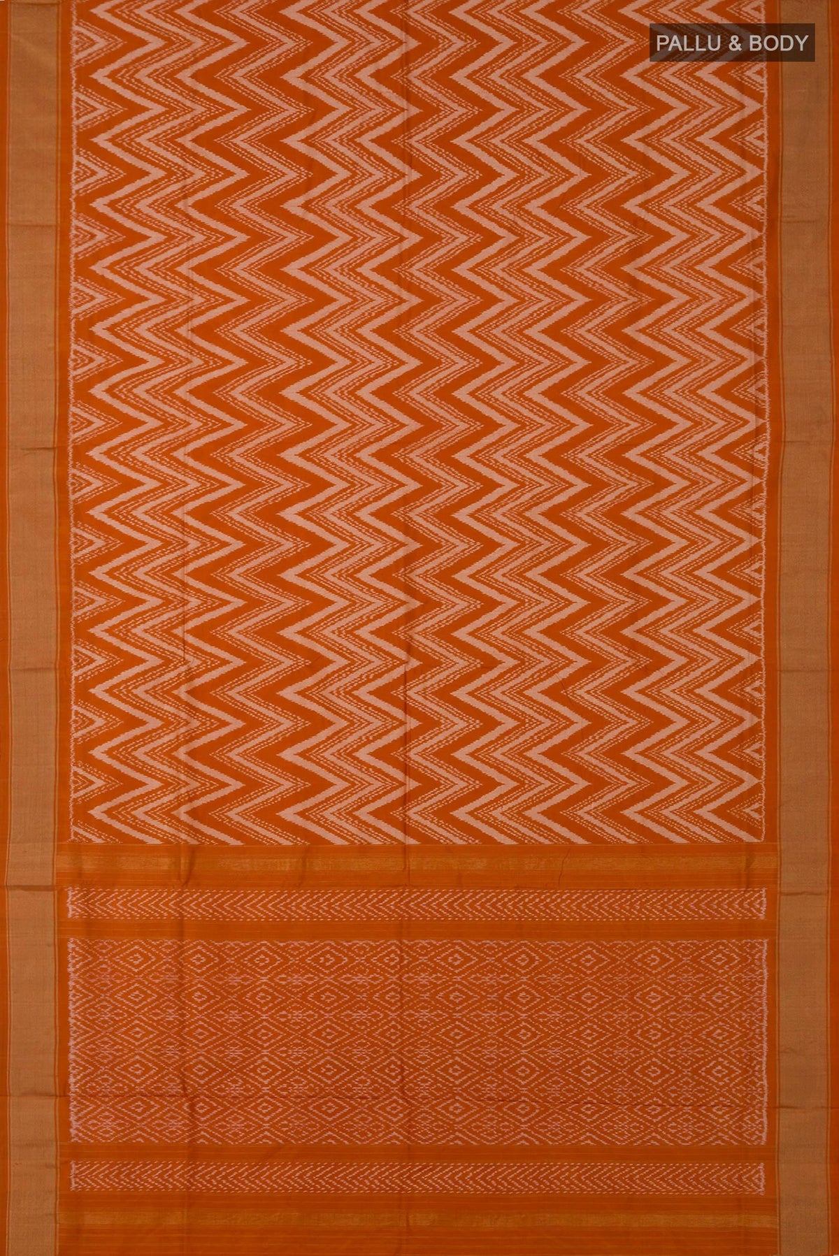 Flat view of Rust Pochampally Saree with Ikat design on the body and Zari Border. 