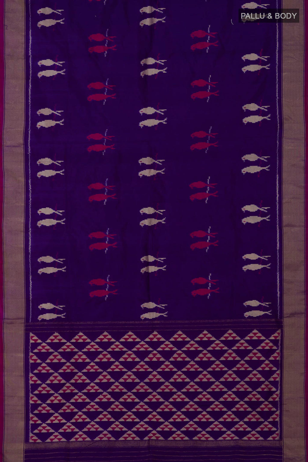 Flat view of Purple Pochampally Saree with Ikat design on the body and Zari Border. 