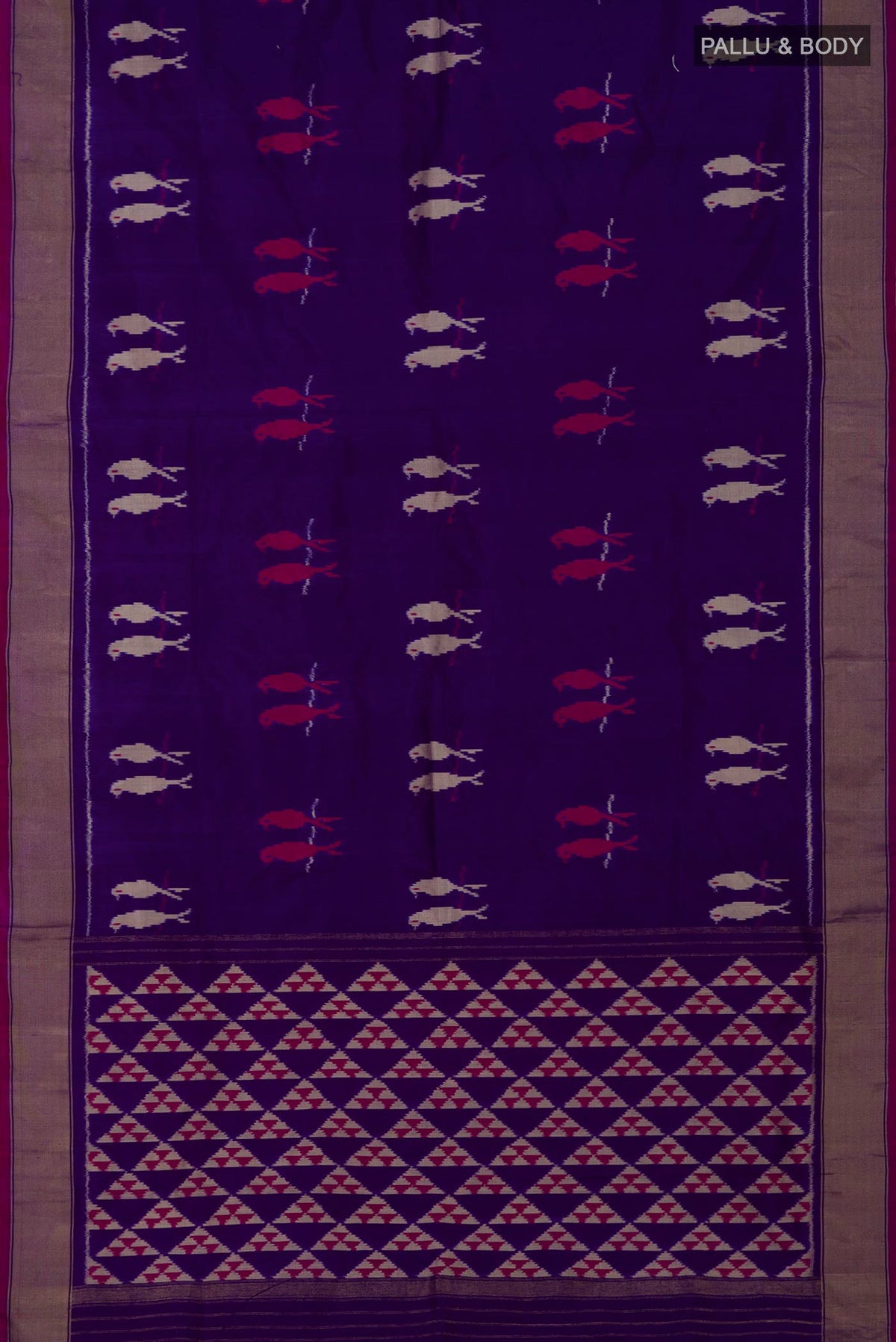 Flat view of Purple Pochampally Saree with Ikat design on the body and Zari Border. 