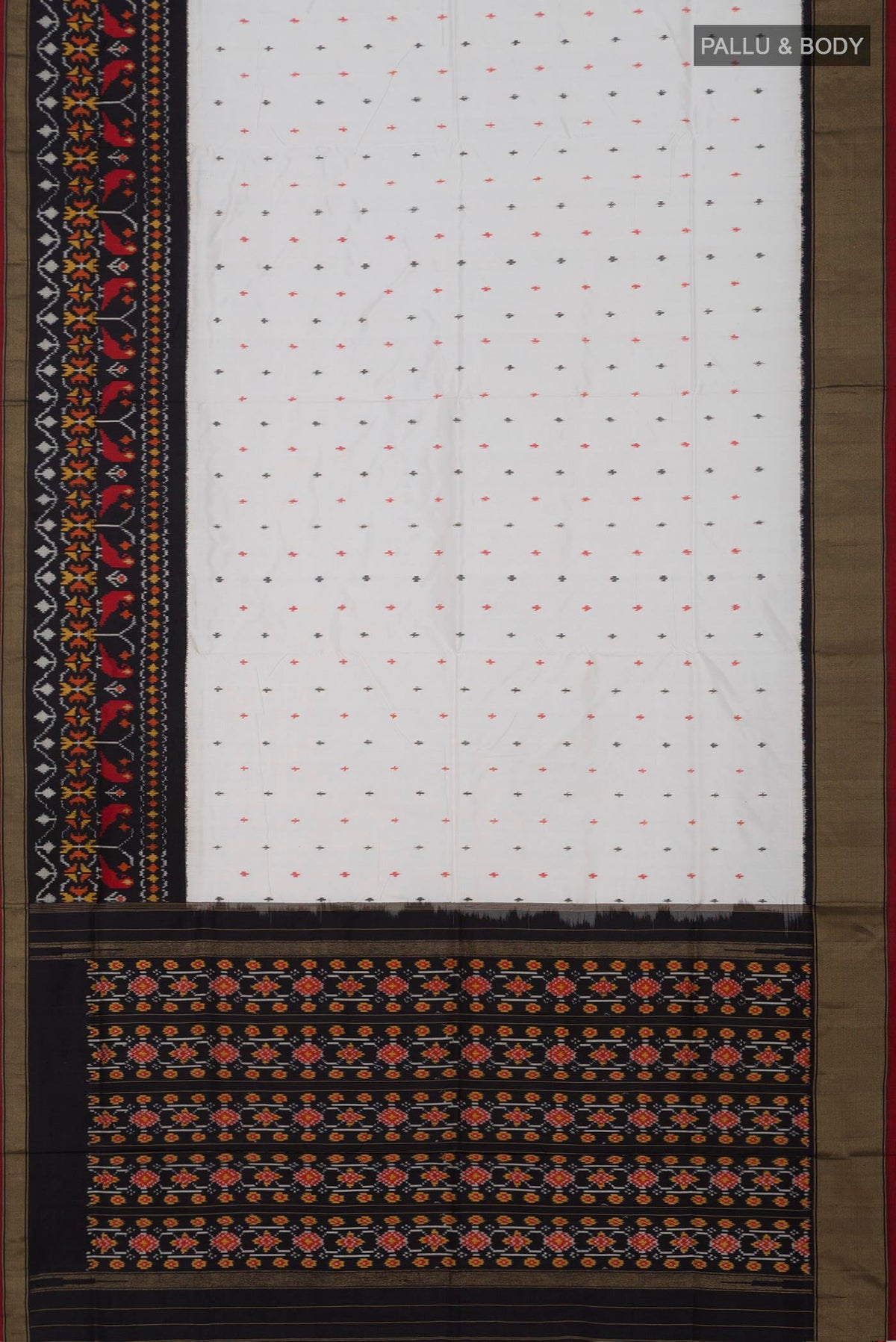 Flat view of White Pochampally Saree with Ikat Print on the body and Ikat Border. 