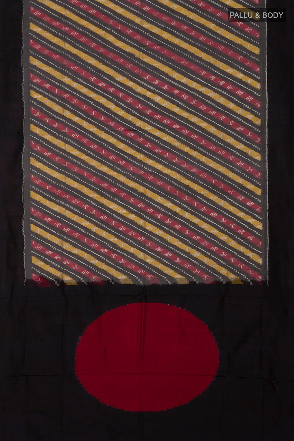 Flat view of Grey Pochampally Silk Saree with Ikat design on the body and Plain Border. 