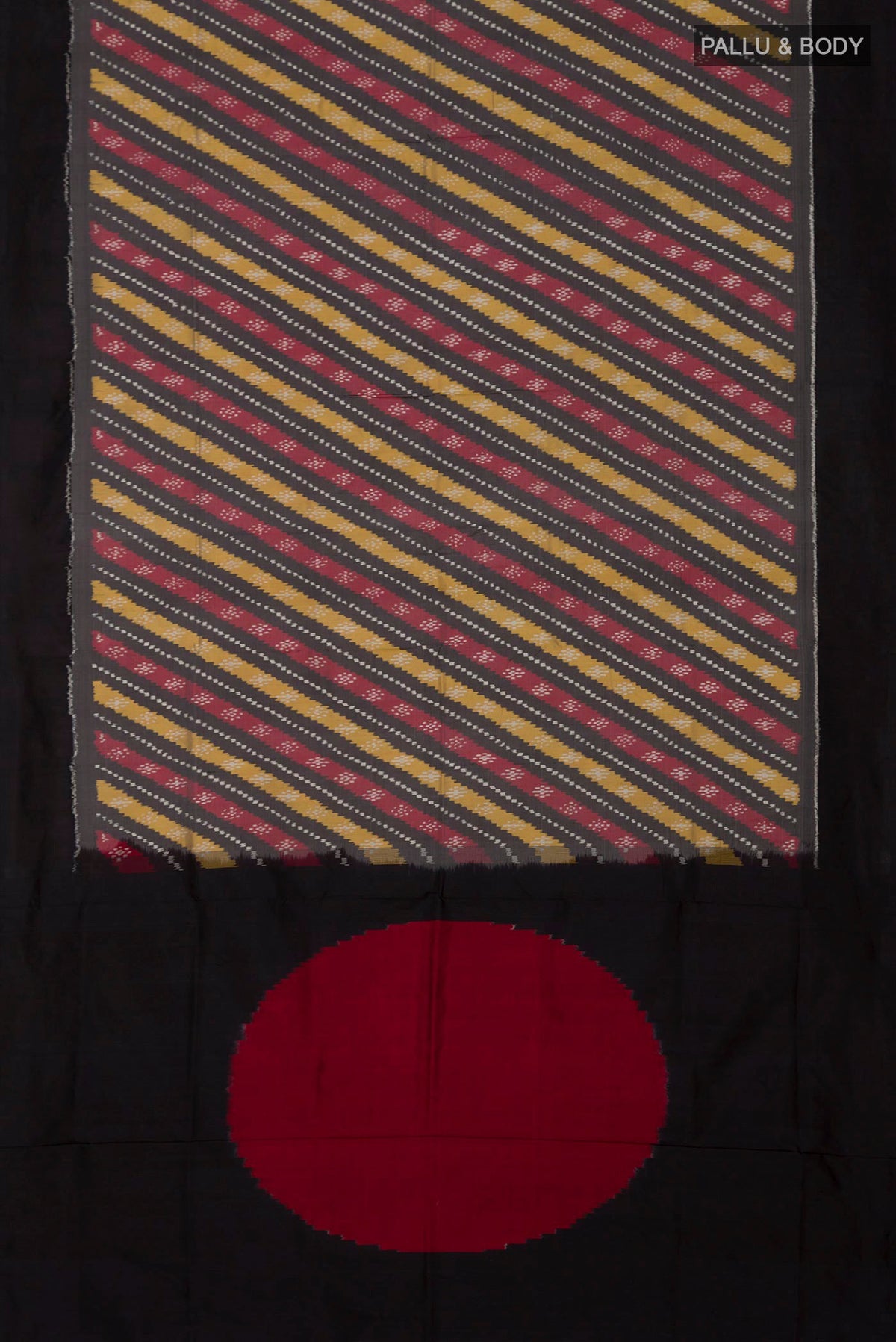 Flat view of Grey Pochampally Silk Saree with Ikat design on the body and Plain Border. 