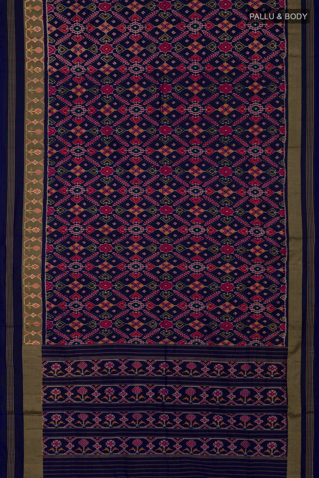 Flat view of Blue Pochampally Saree with Ikat Print on the body and Zari Border. 