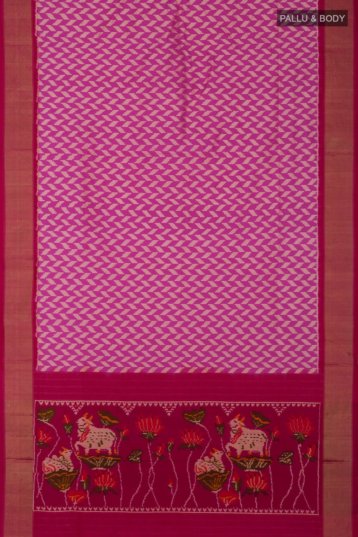 Flat view of Pink Pochampally Silk Saree with Ikat design on the body and Zari Border. 