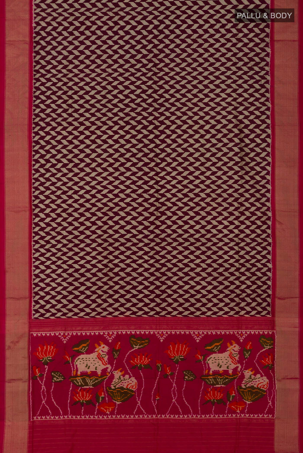 Flat view of Brown Pochampally Silk Saree with Ikat design on the body and Zari Border. 