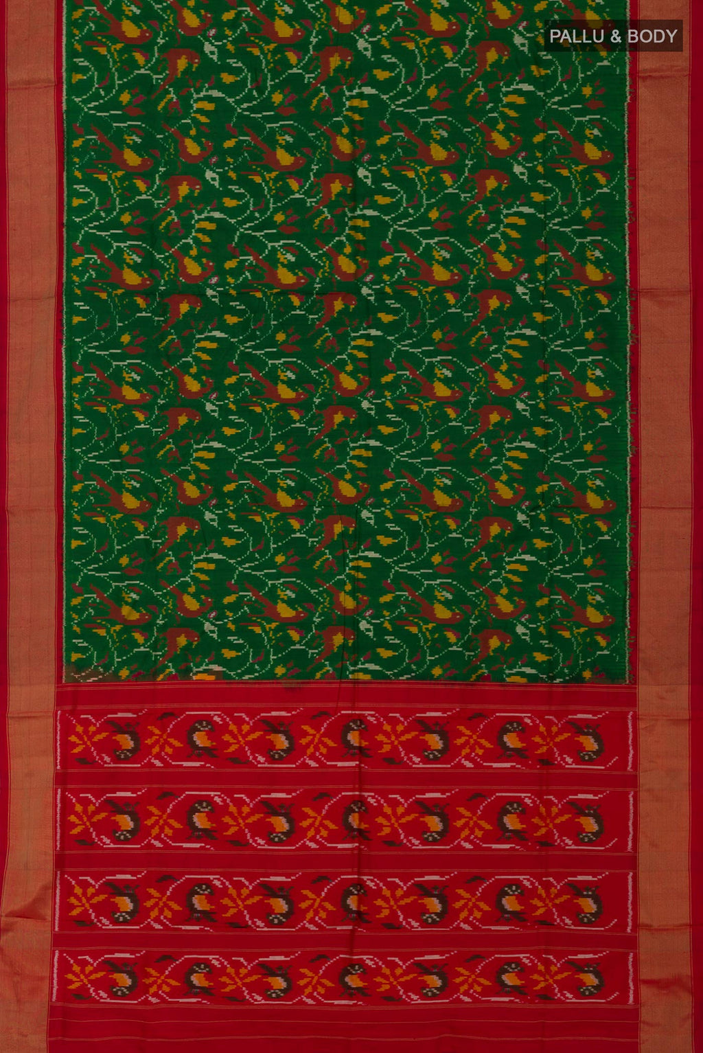 Flat view of Green Pochampally Silk Saree with Ikat design on the body and Zari Border. 
