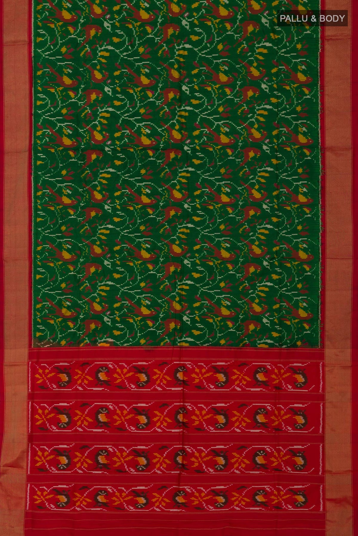 Flat view of Green Pochampally Silk Saree with Ikat design on the body and Zari Border. 