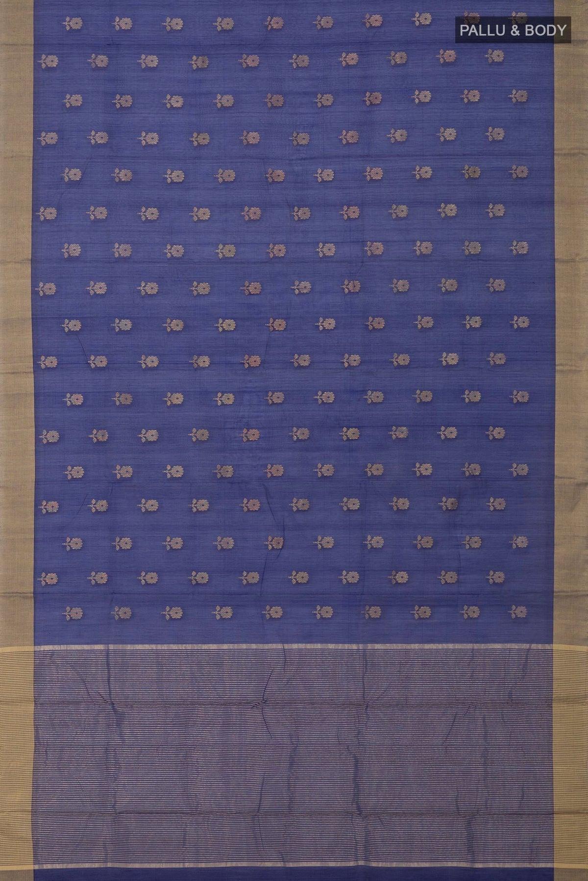 Flat view of Blue Chanderi Silk Cotton Saree with Zari Butta on the body and Zari Border. 