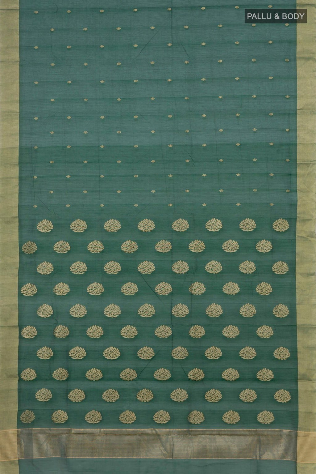 Flat view of Bottle Green Chanderi Silk Cotton Saree with Zari Butta on the body and Zari Border. 