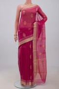 Pink Chanderi Silk Cotton Saree with Zari Butta on the body and Zari Border.  displayed on a mannequin