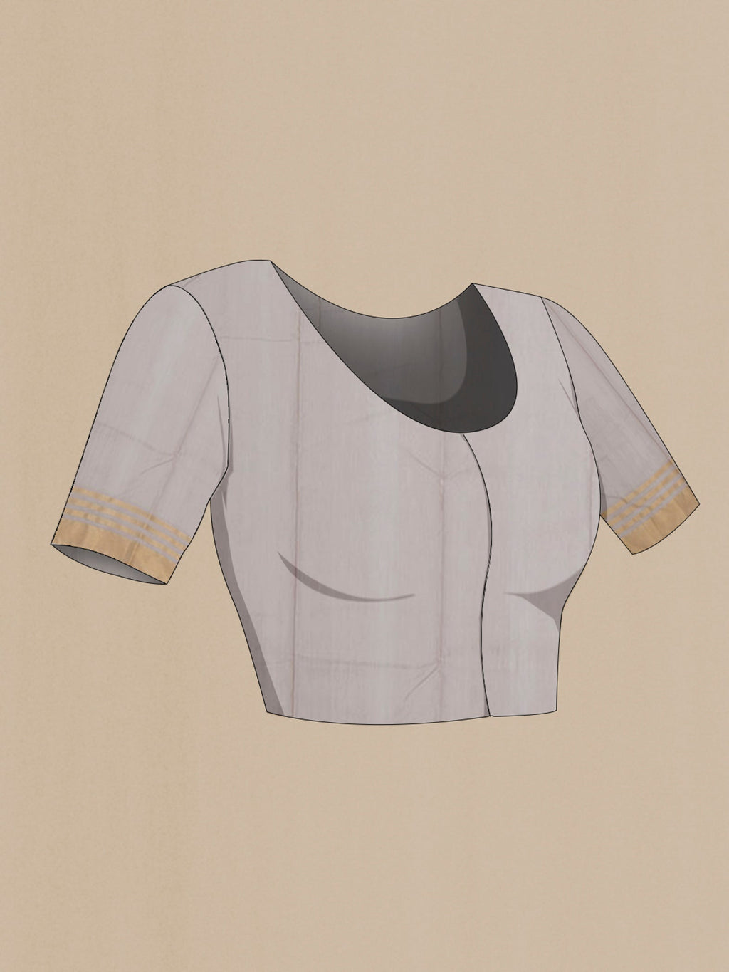 Close up image of the blouse of Grey Chanderi Silk Cotton Saree with Zari Butta on the body and Zari Border. 