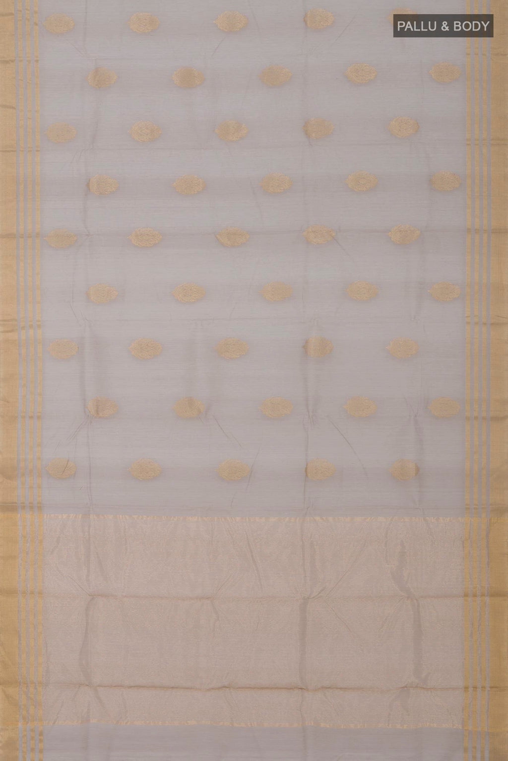 Flat view of Grey Chanderi Silk Cotton Saree with Zari Butta on the body and Zari Border. 