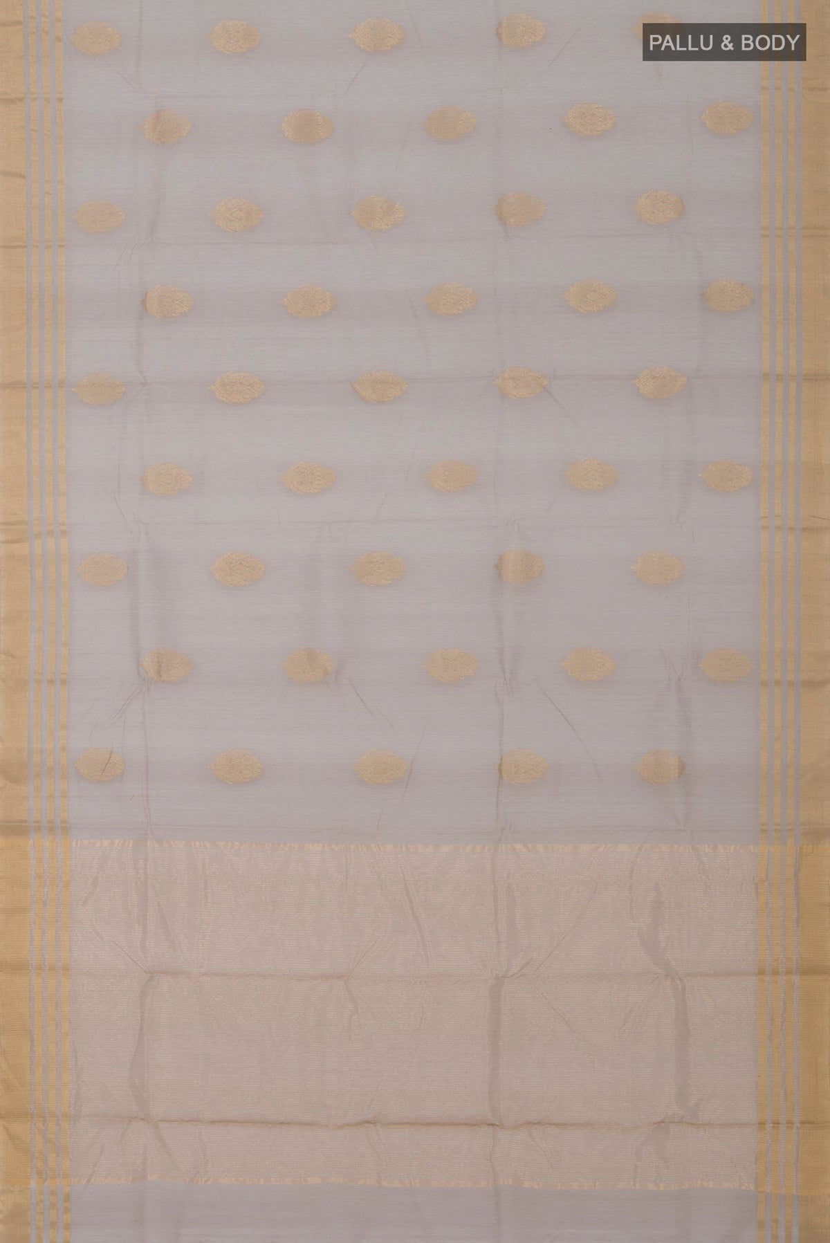 Flat view of Grey Chanderi Silk Cotton Saree with Zari Butta on the body and Zari Border. 