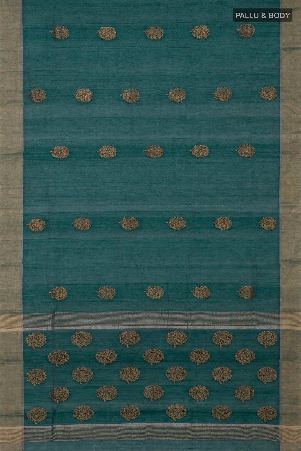 Flat view of Green Chanderi Silk Cotton Saree with Zari Butta on the body and Zari Border. 