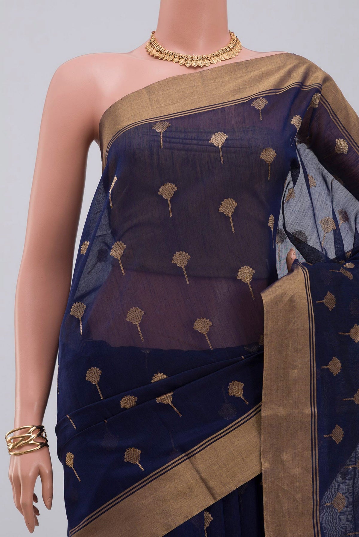 Border image of Navy Blue Chanderi Silk Cotton Saree with Zari Butta on the body and Zari Border. 