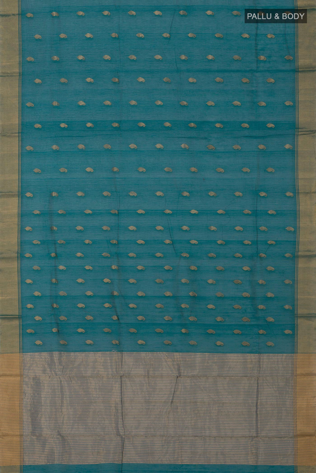Flat view of Green Chanderi Silk Cotton Saree with Zari Butta on the body and Zari Border. 