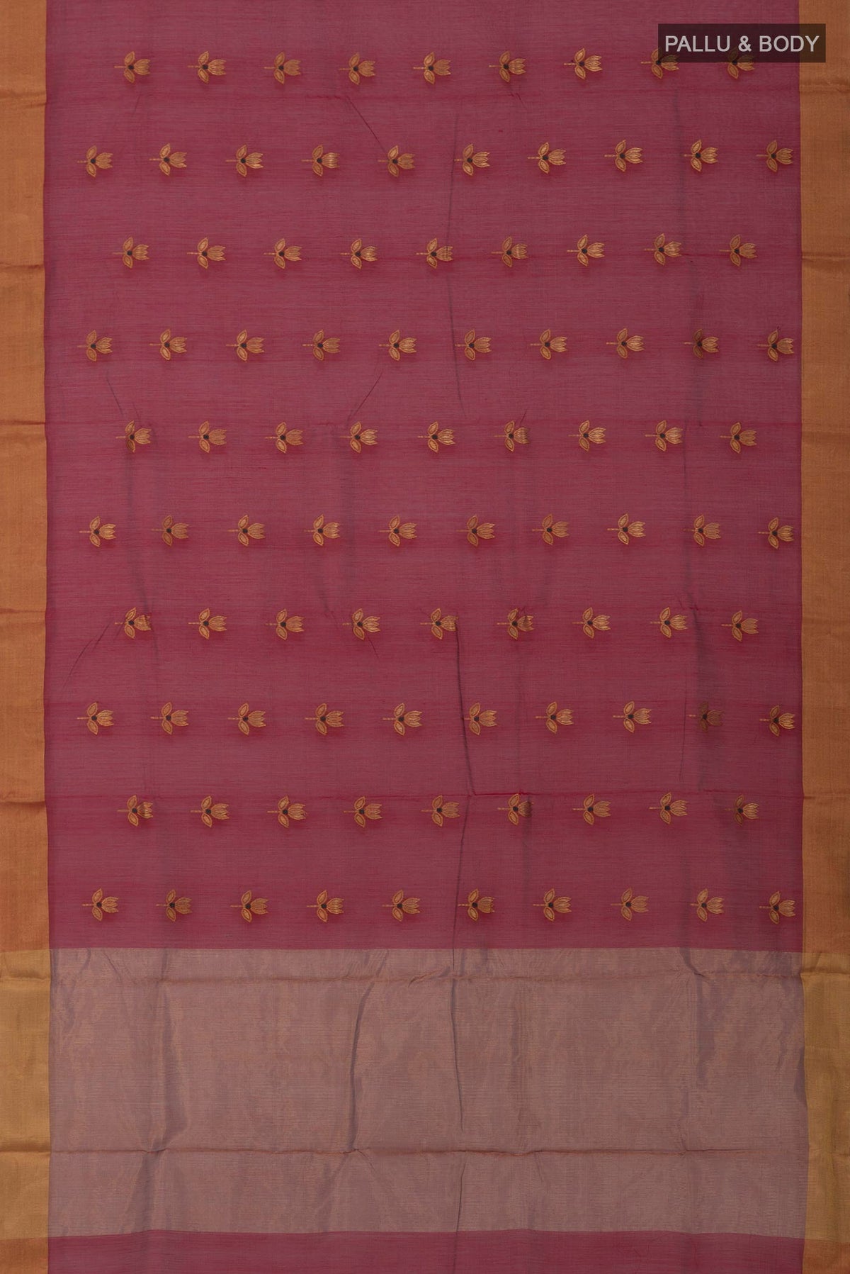 Flat view of Red Chanderi Silk Cotton Saree with Zari Butta on the body and Zari Border. 