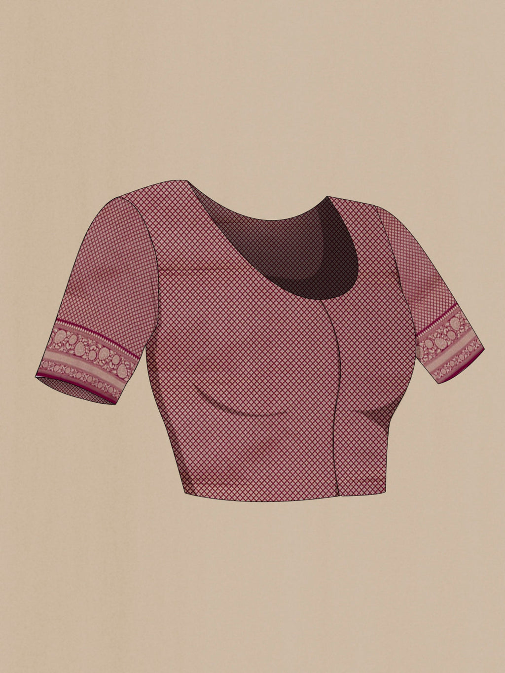 Close up image of the blouse of Burgundy Banarasi Silk Saree with Zari And Thread Butta on the body and Zari Border. 