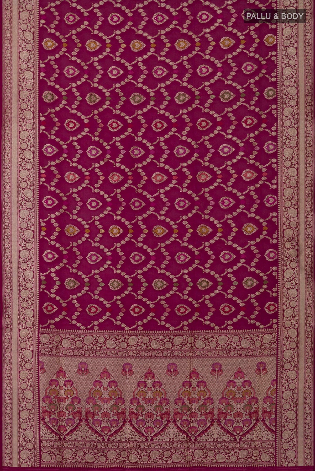 Flat view of Burgundy Banarasi Silk Saree with Zari And Thread Butta on the body and Zari Border. 