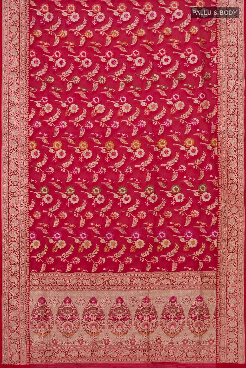 Flat view of Red Banarasi Silk Saree with Zari And Thread Butta on the body and Fancy Border. 