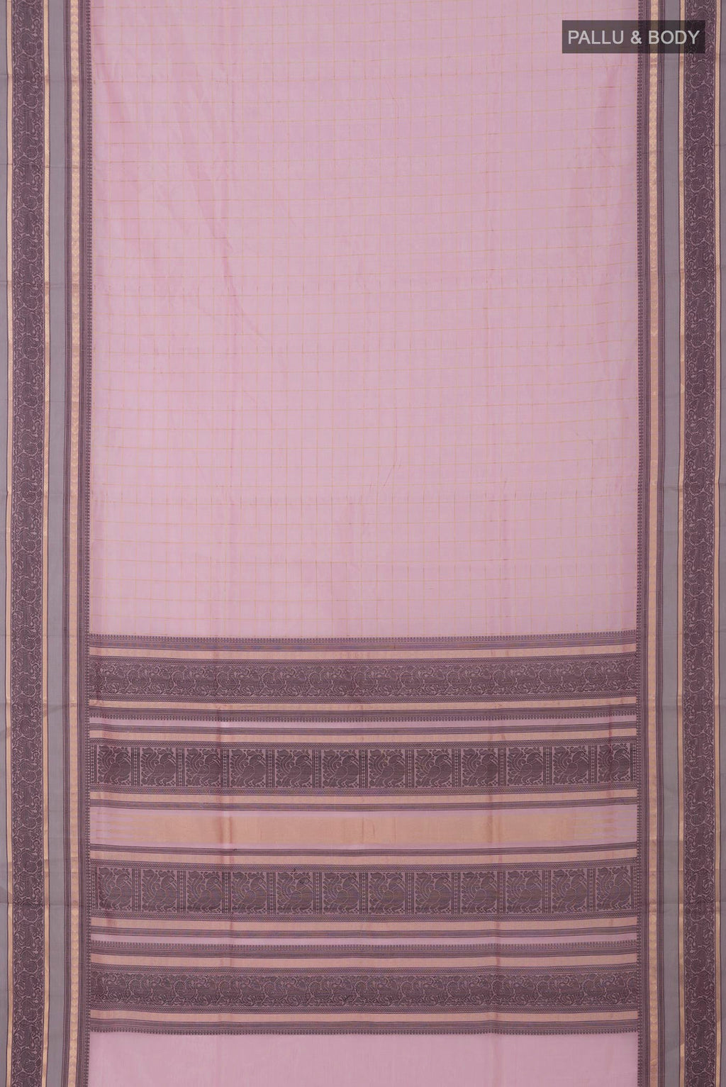 Flat view of Pink Silk Cotton Saree with Checked design on the body and Thin Zari Line. 