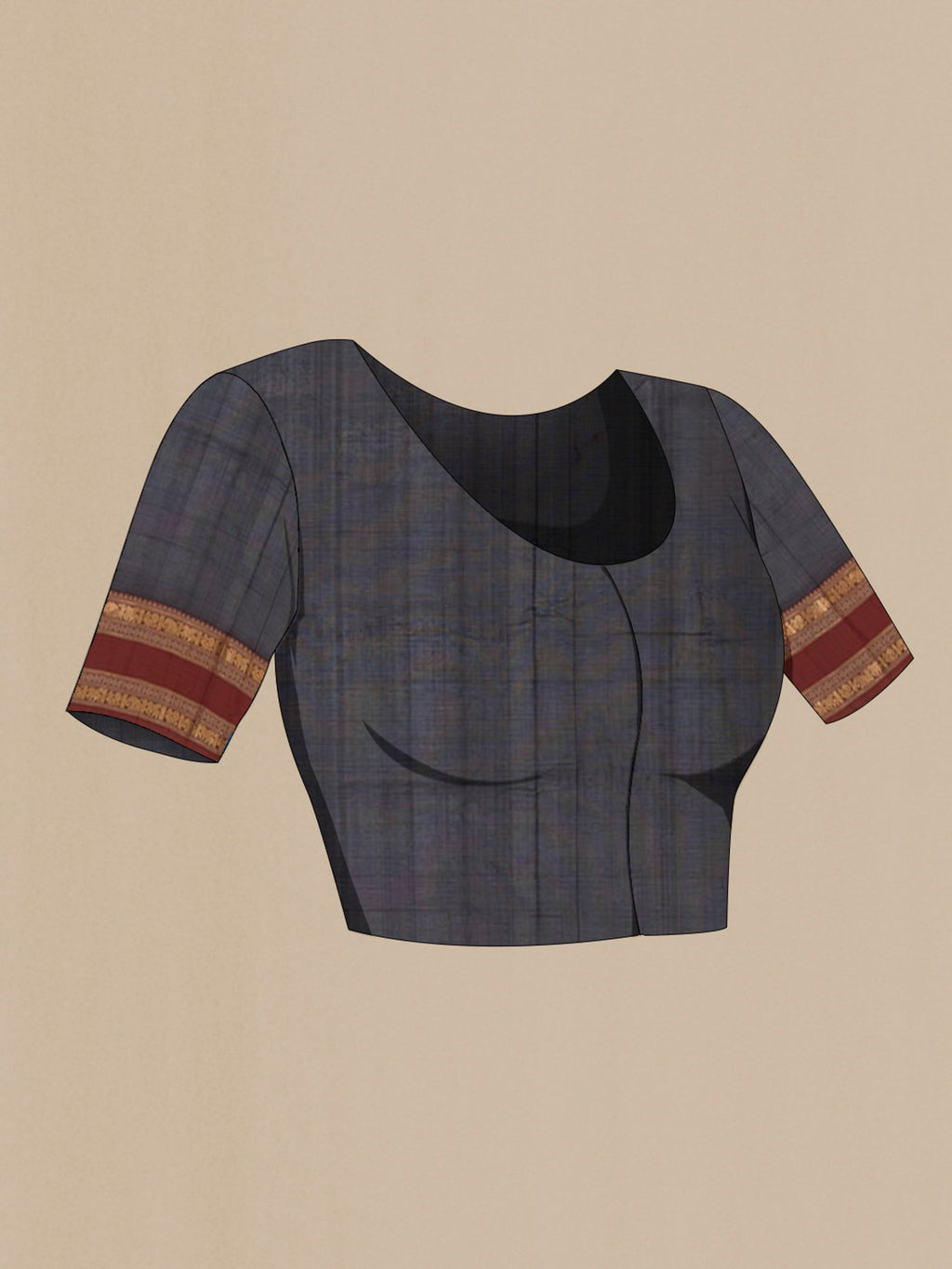Close up image of the blouse of Black Silk Cotton Saree with Checked design on the body and Zari Border. 