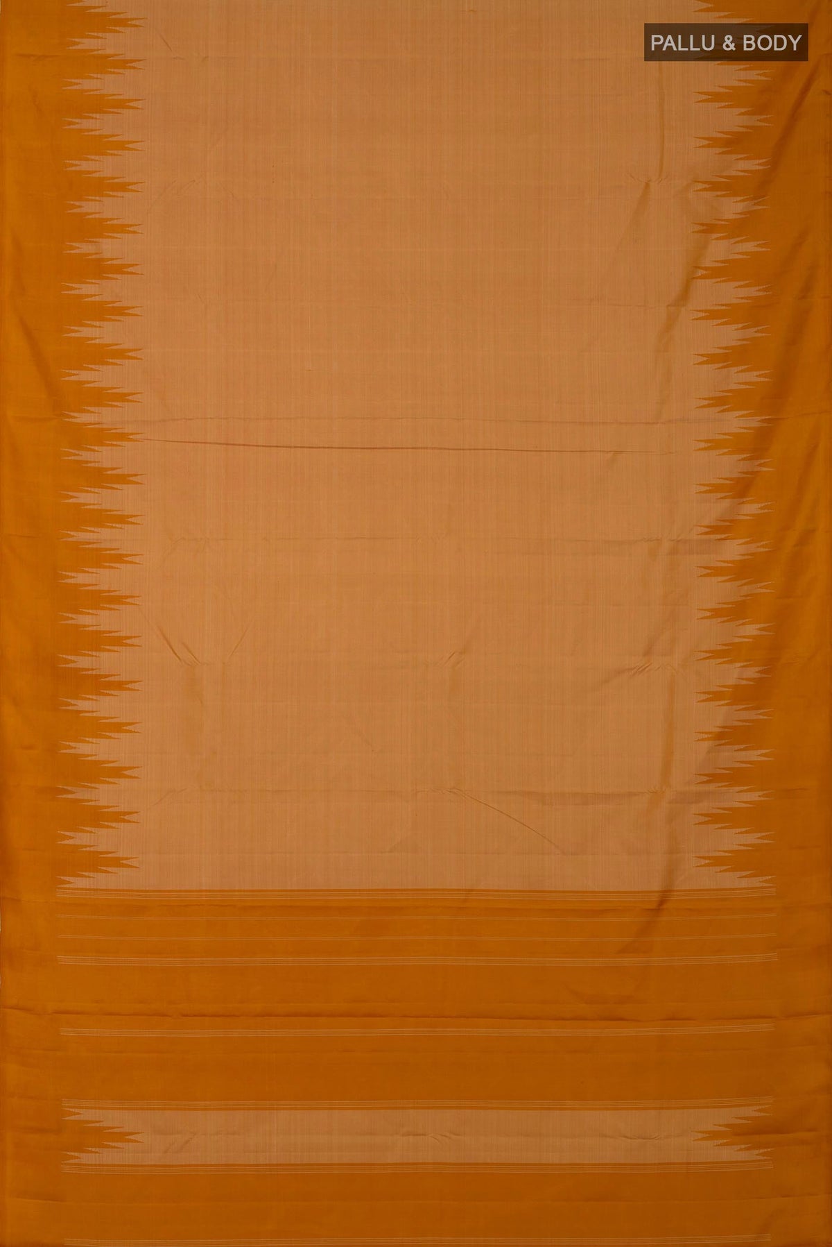 Flat view of Sandal Kanchipuram Silk Saree with Plain Body and Temple Border. 