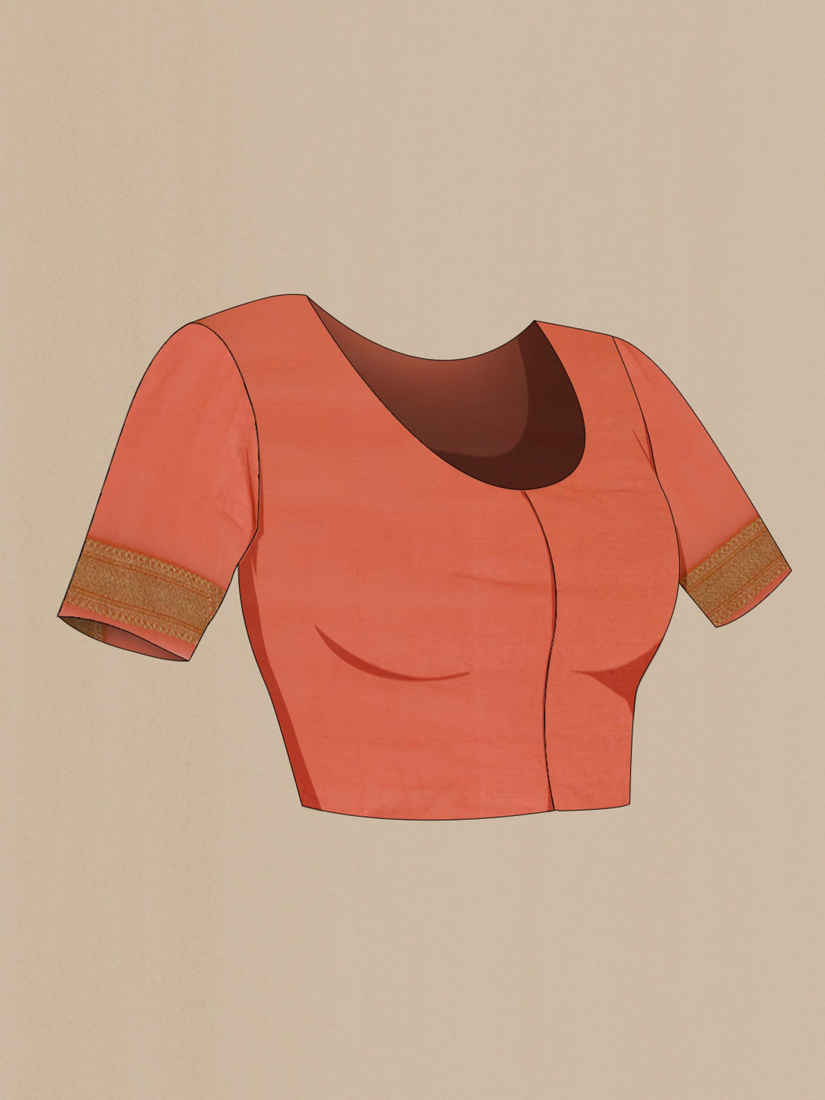 Close up image of the blouse of Brick Orange Banarasi Georgette Saree with Zari Brocade on the body and Zari Border. 