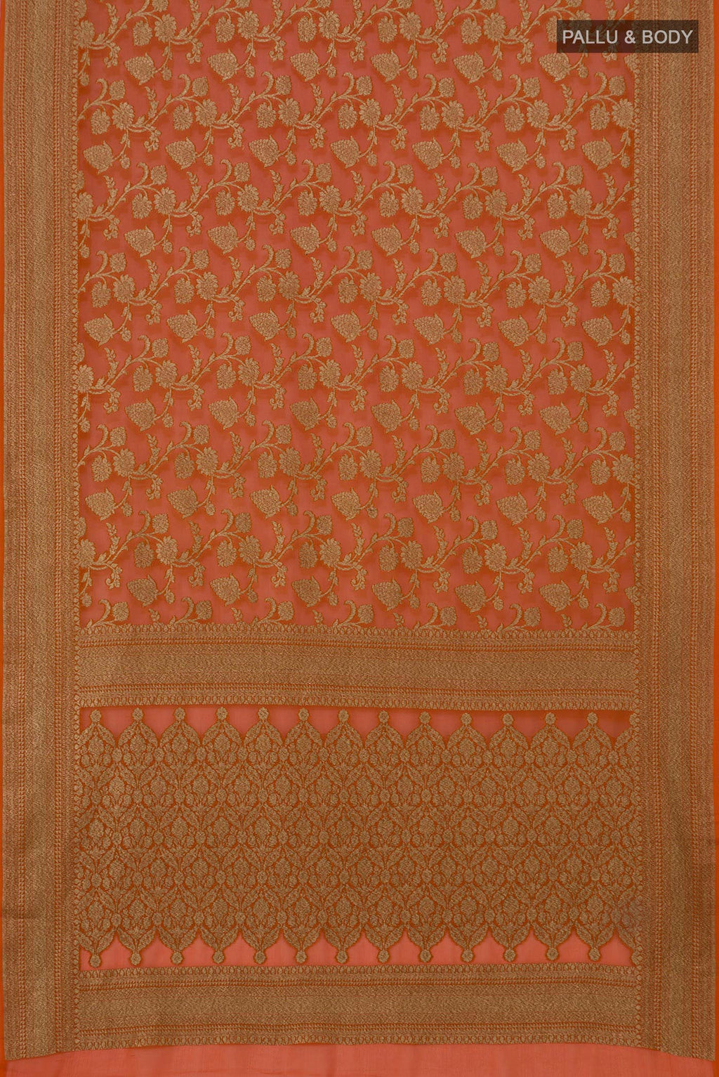 Flat view of Brick Orange Banarasi Georgette Saree with Zari Brocade on the body and Zari Border. 