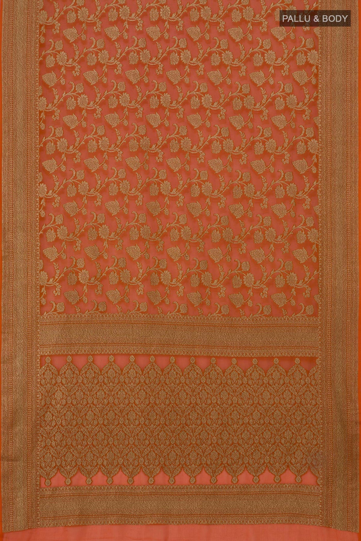 Flat view of Brick Orange Banarasi Georgette Saree with Zari Brocade on the body and Zari Border. 