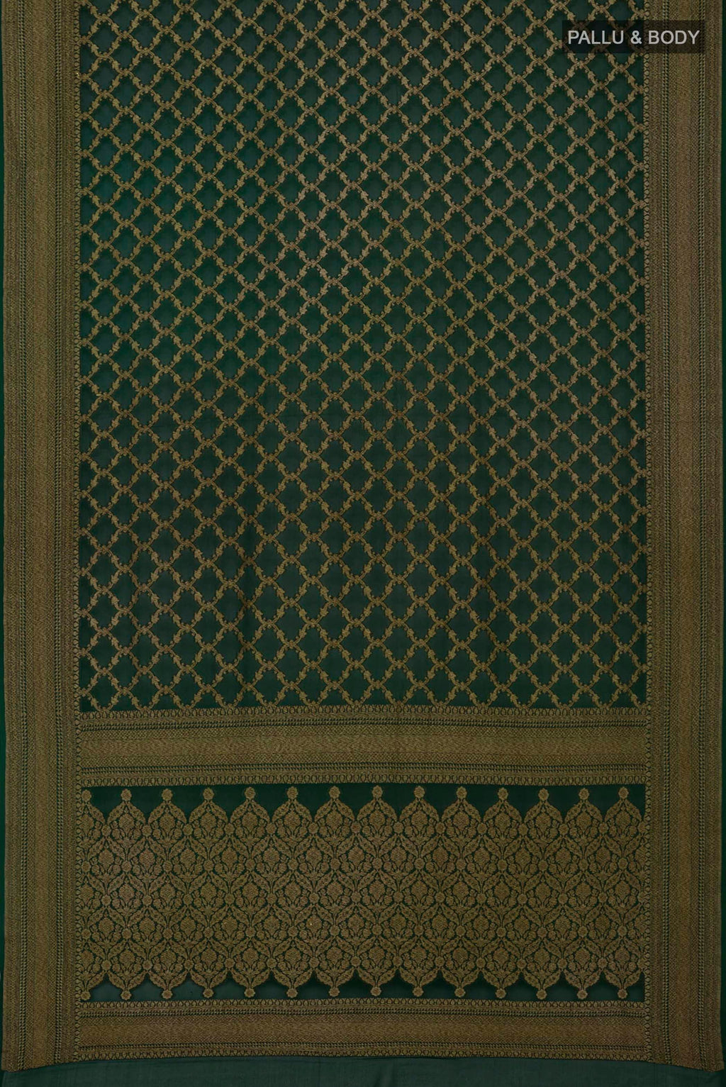 Flat view of Green Georgette Saree with Fancy on the body and Zari Border. 