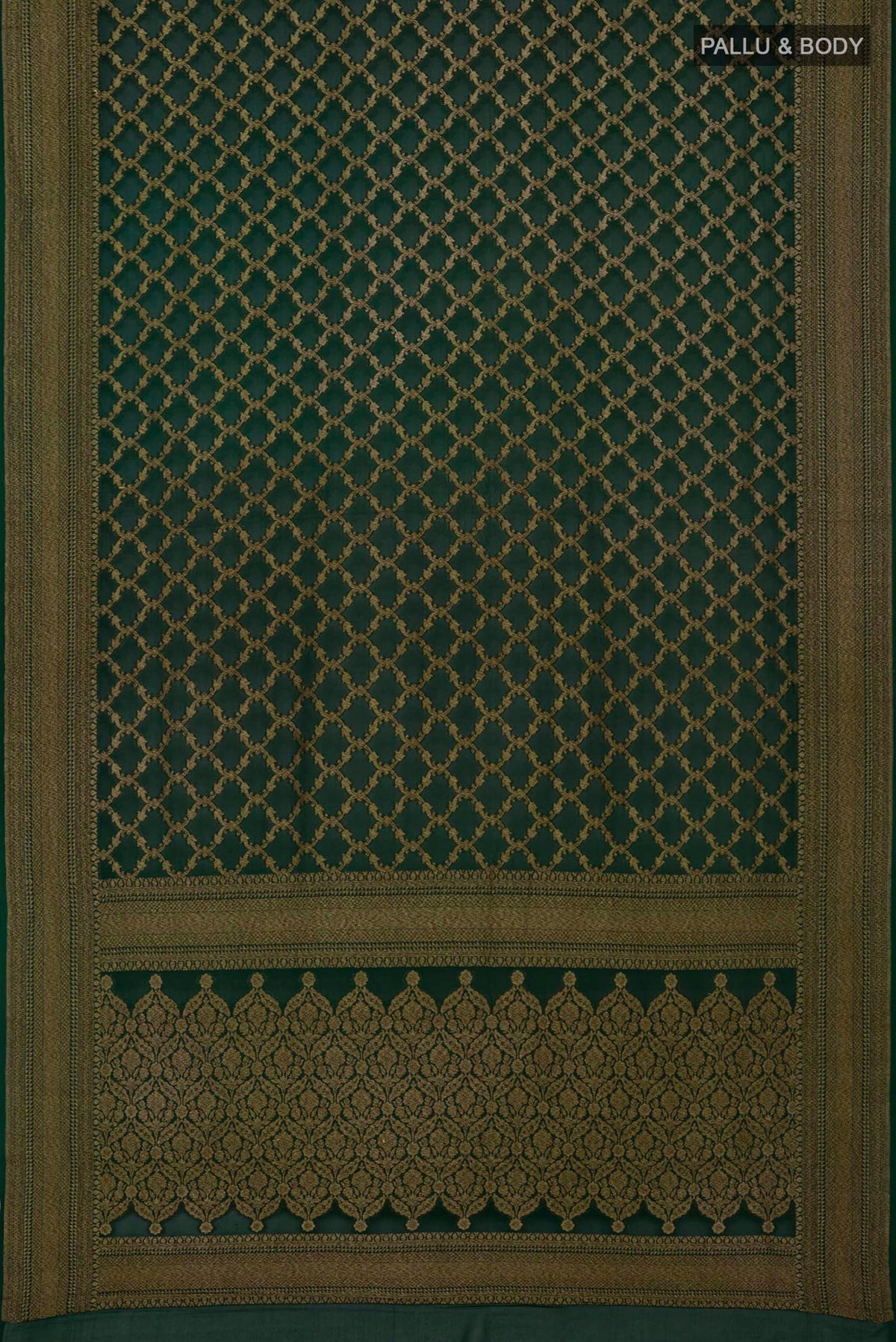 Flat view of Green Georgette Saree with Fancy on the body and Zari Border. 