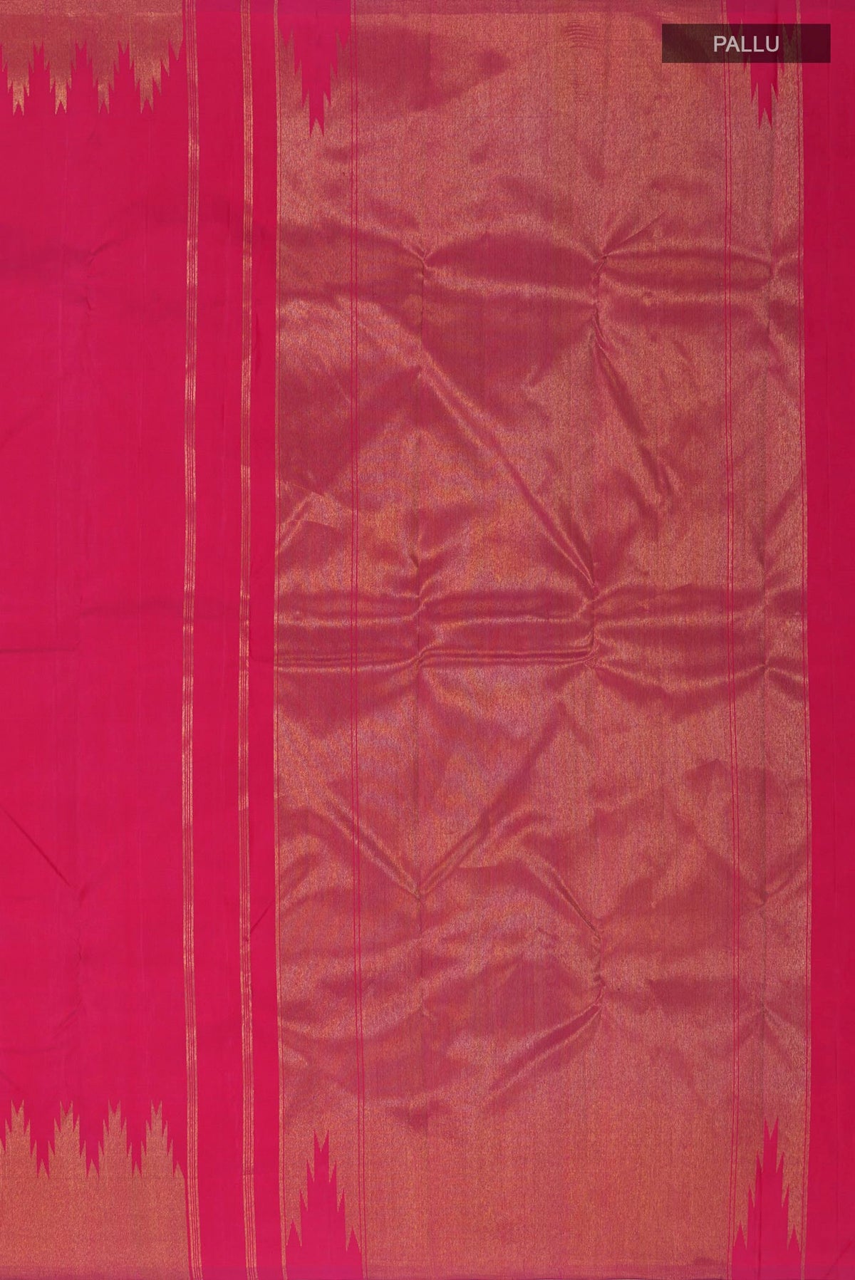 Close up image of the pallu of Pure Silk Pure Zari Pink Kanchipuram Saree with Plain Body and Temple Border. 