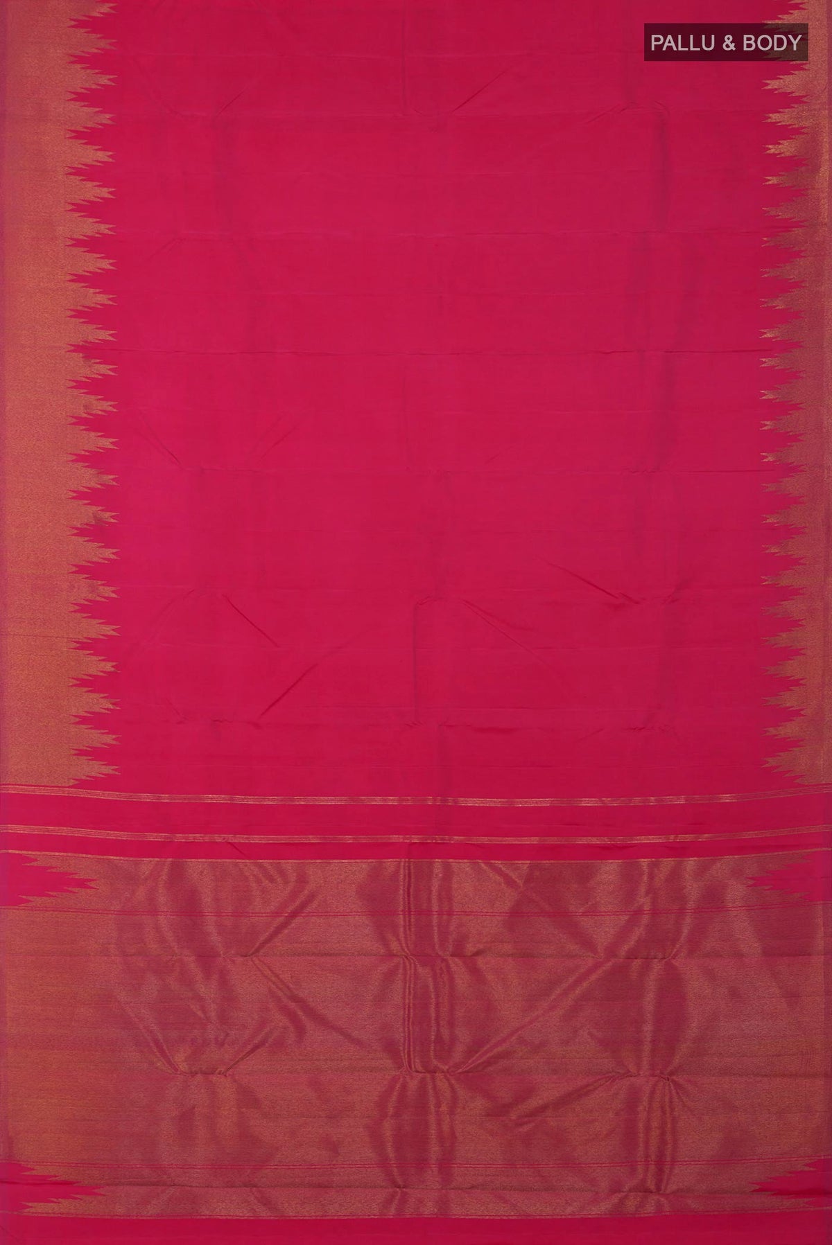Flat view of Pure Silk Pure Zari Pink Kanchipuram Saree with Plain Body and Temple Border. 