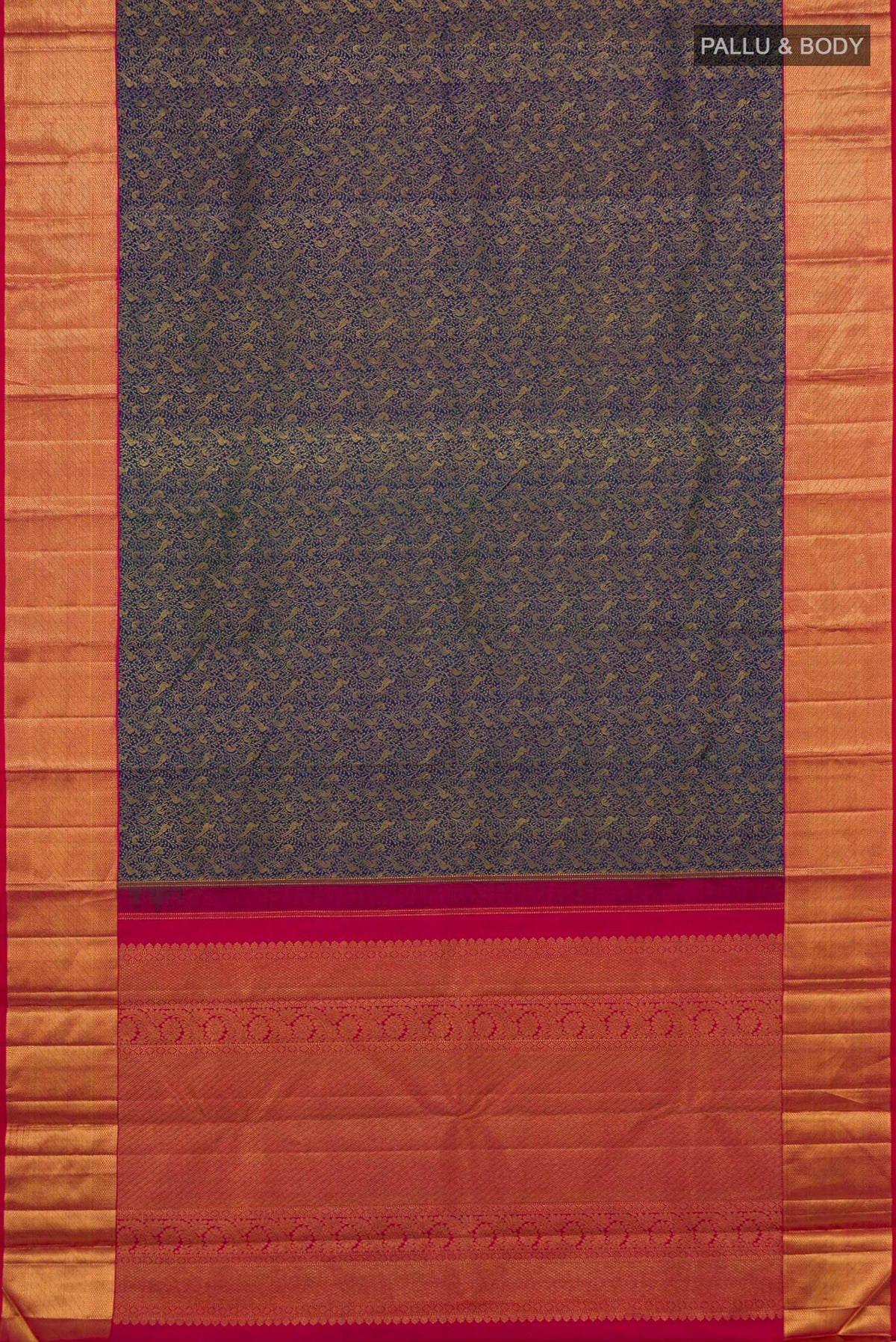 Flat view of Blue Kanchipuram Silk Saree with Zari Brocade on the body and Zari Border. 