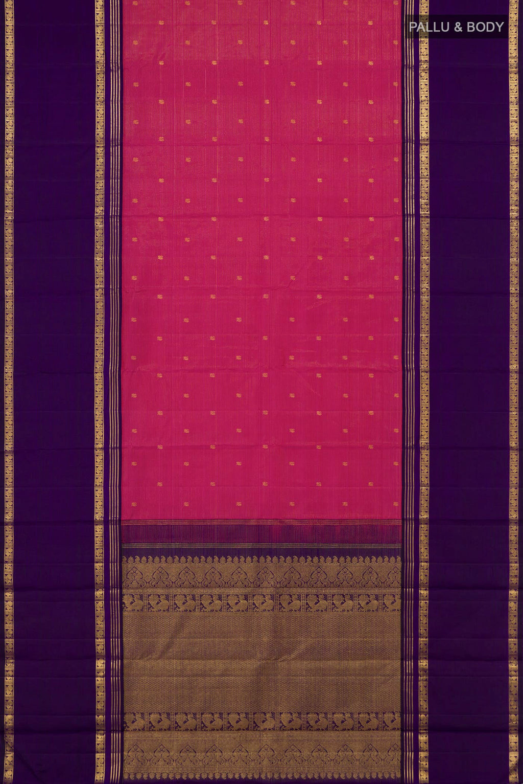 Flat view of Pink Kanjivaram Silk Saree with Zari Butta on the body and Thin Zari Line. 