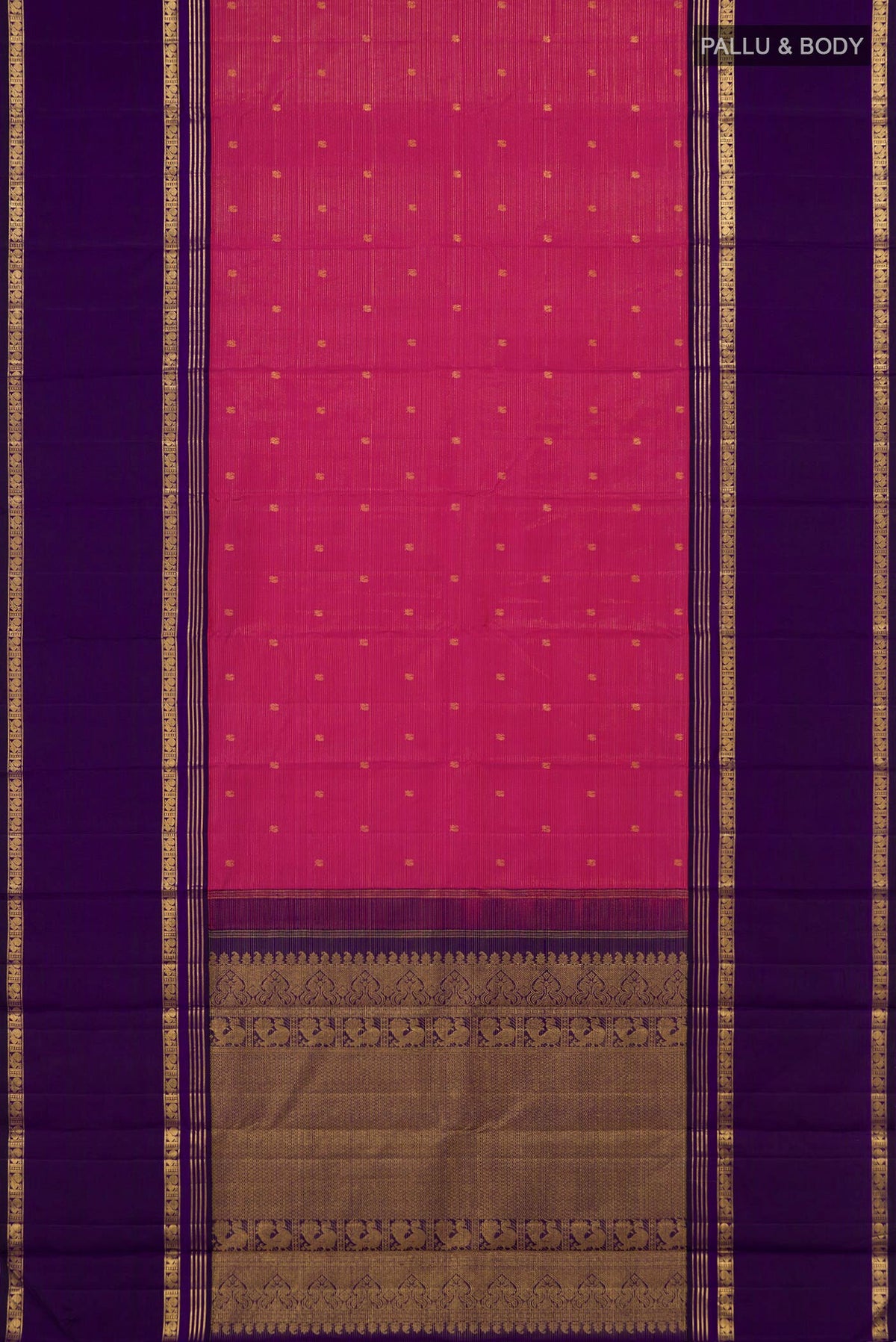Flat view of Pink Kanjivaram Silk Saree with Zari Butta on the body and Thin Zari Line. 