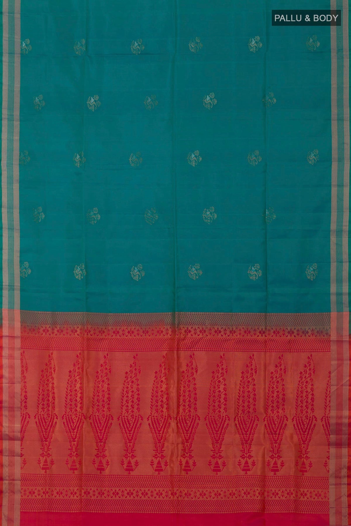 Flat view of Blue Soft Silk Saree with Zari Butta on the body and Thin Zari Line. 