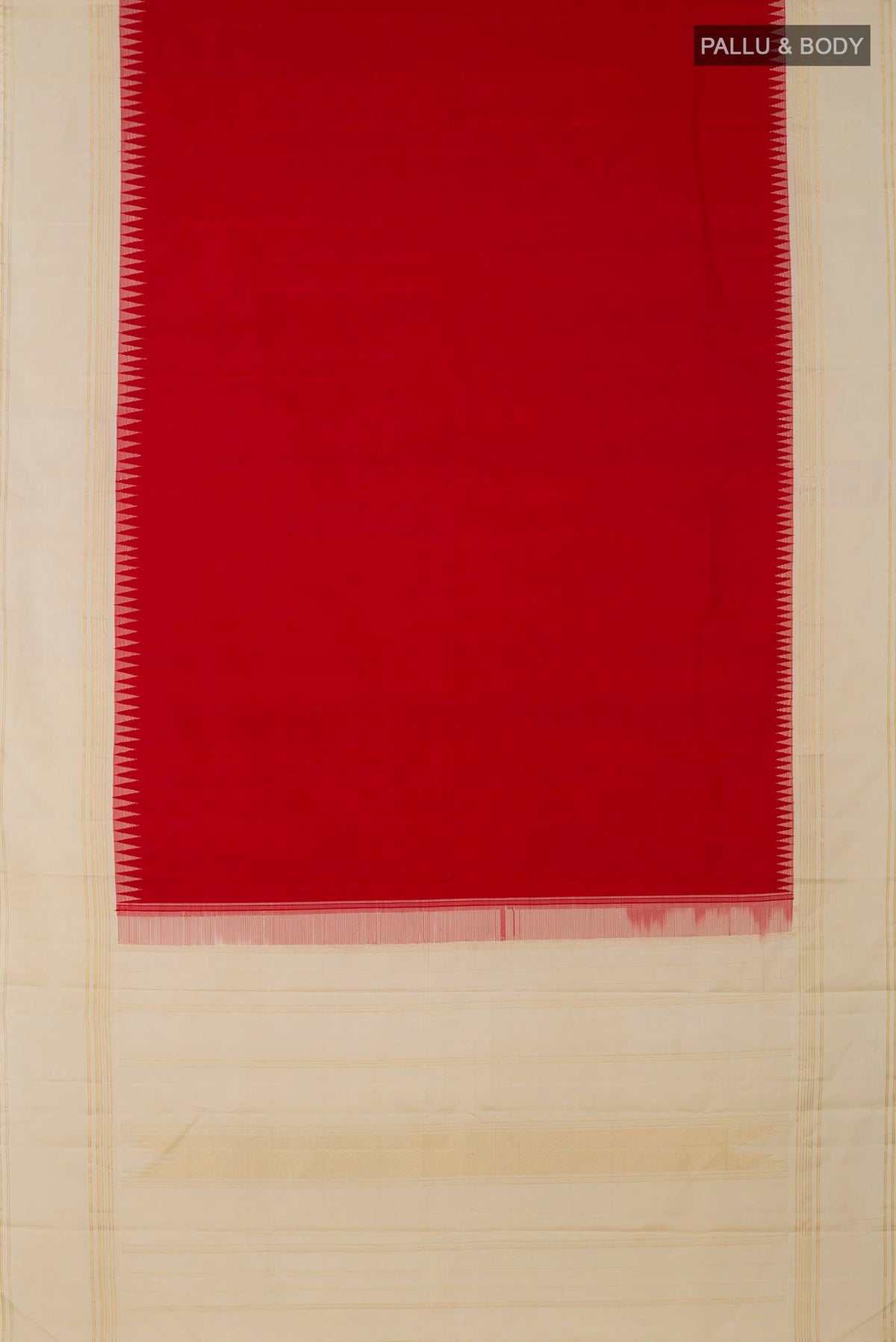 Flat view of Pure Silk Pure Zari Red Kanjivaram Saree with Plain Body and Thin Zari Line. 