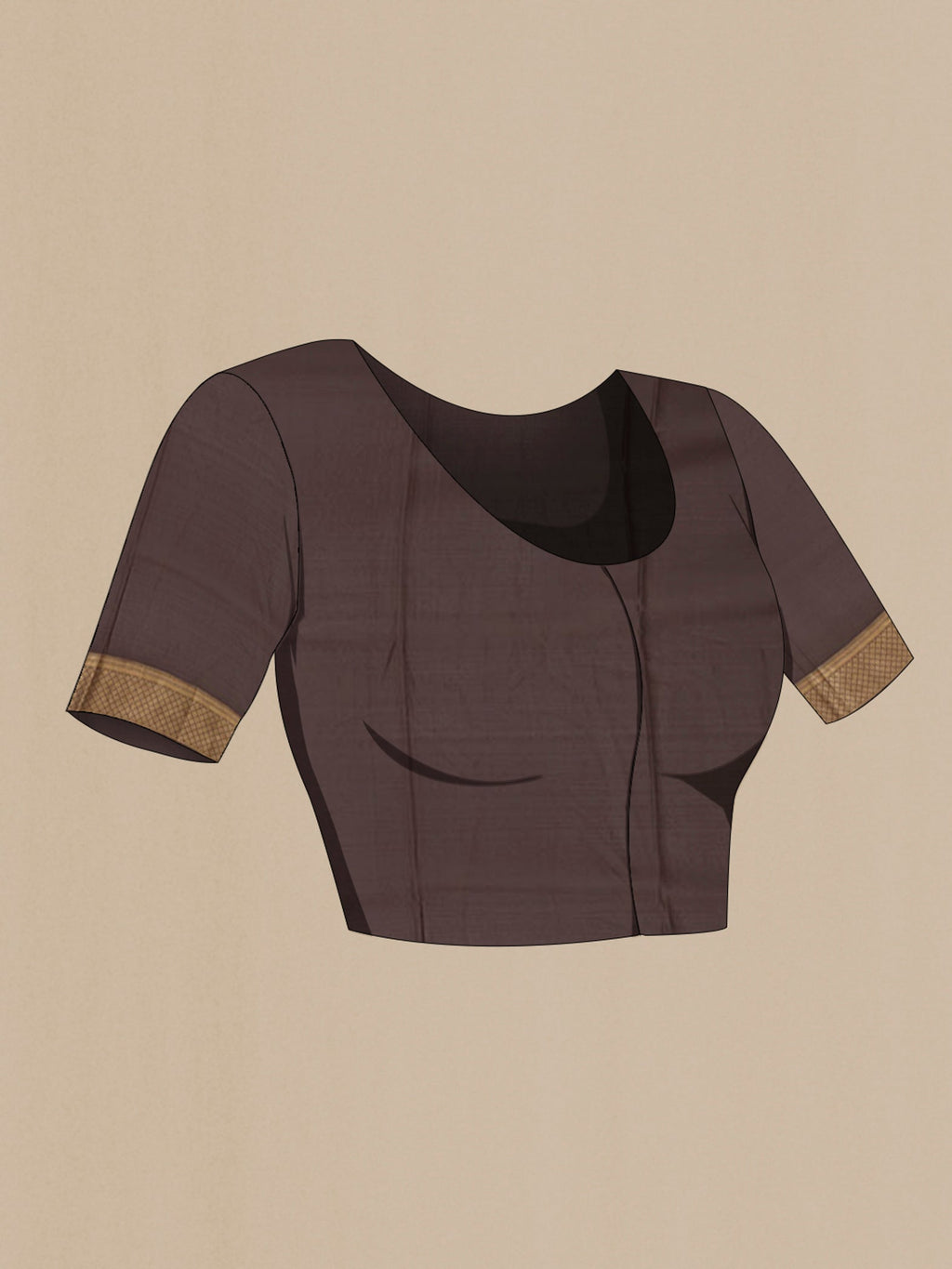 Close up image of the blouse of Brown Mysore Crepe Saree with Zari Brocade on the body and Zari Border. 